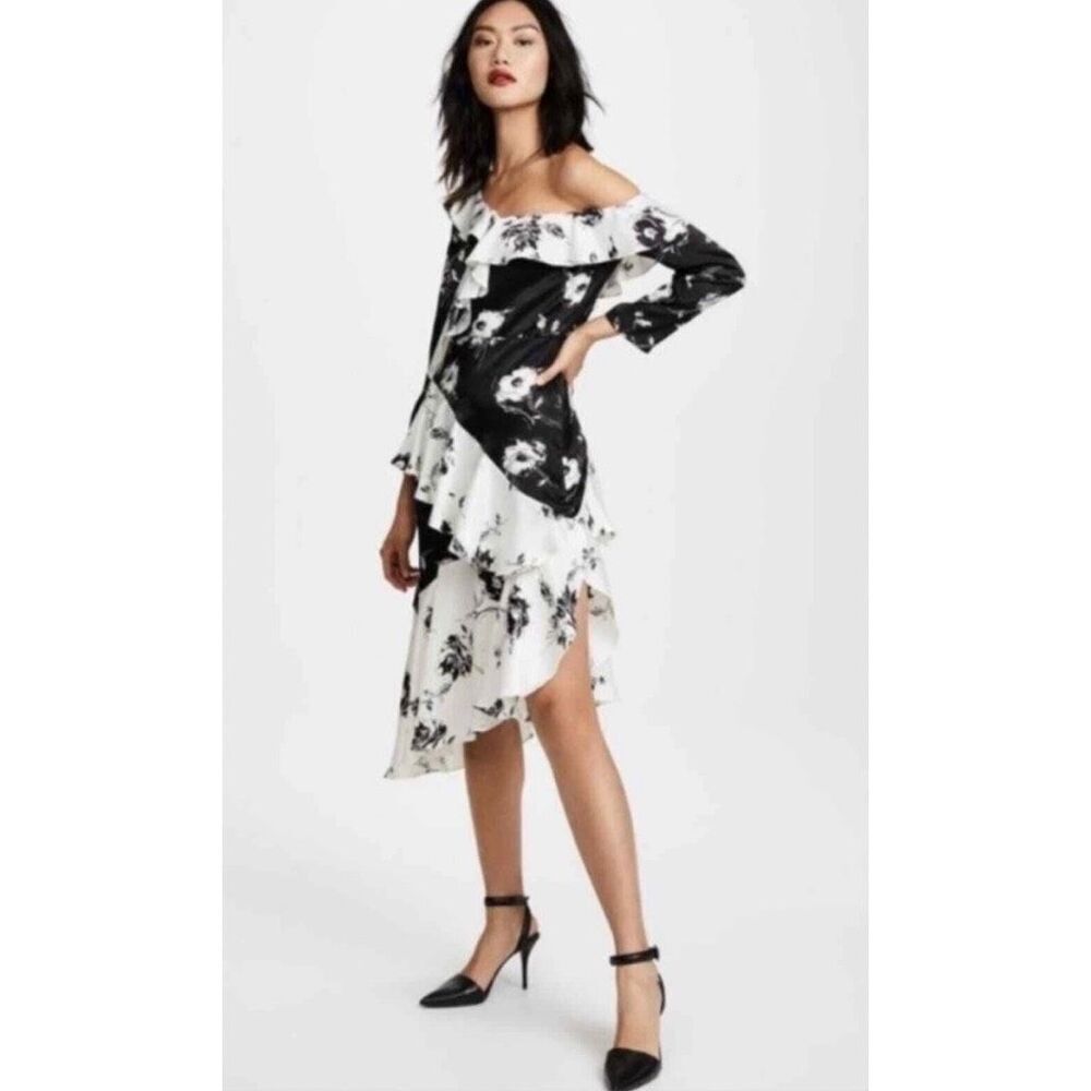 Delfi Collective Lily Midi Dress Floral Asymmetrical Ruffle One Shoulder Large